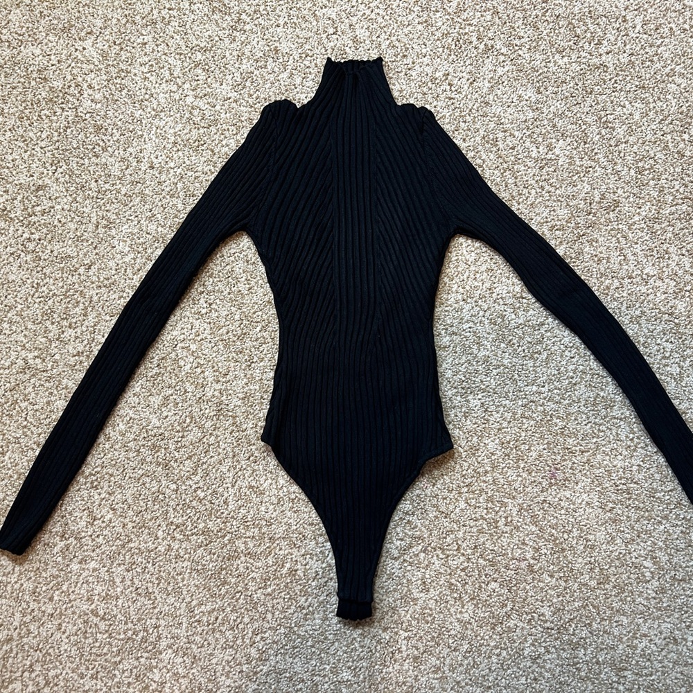 Black Ribbed Knit Turtleneck Bodysuit Long Sleeve Snap Closure Size S
